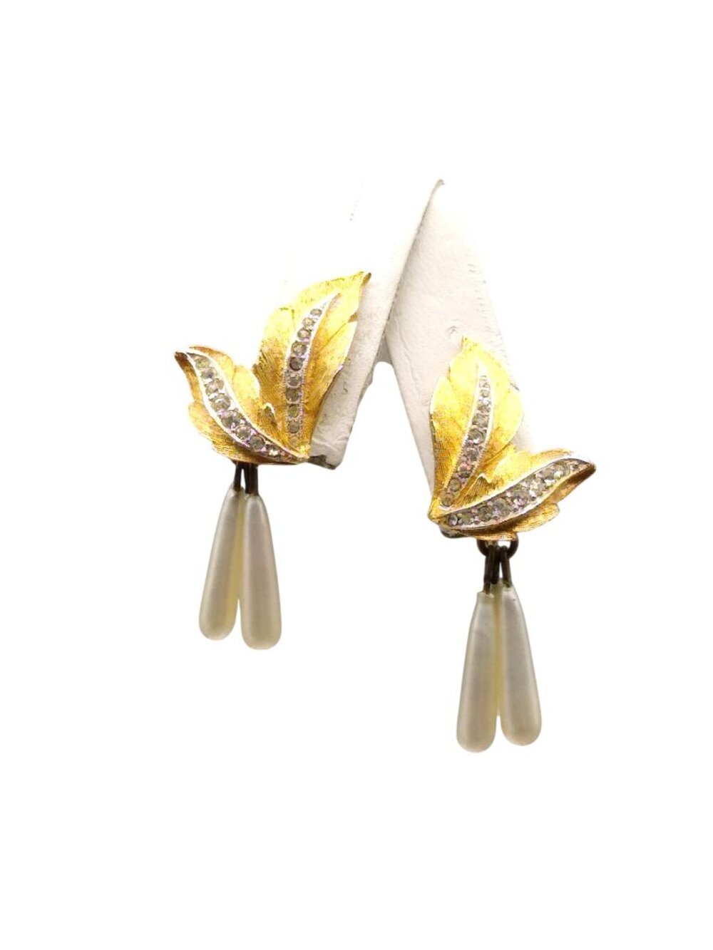 Vintage Vendome Brushed Leaf Earrings with Elongated Teardrop Pearl Dangles